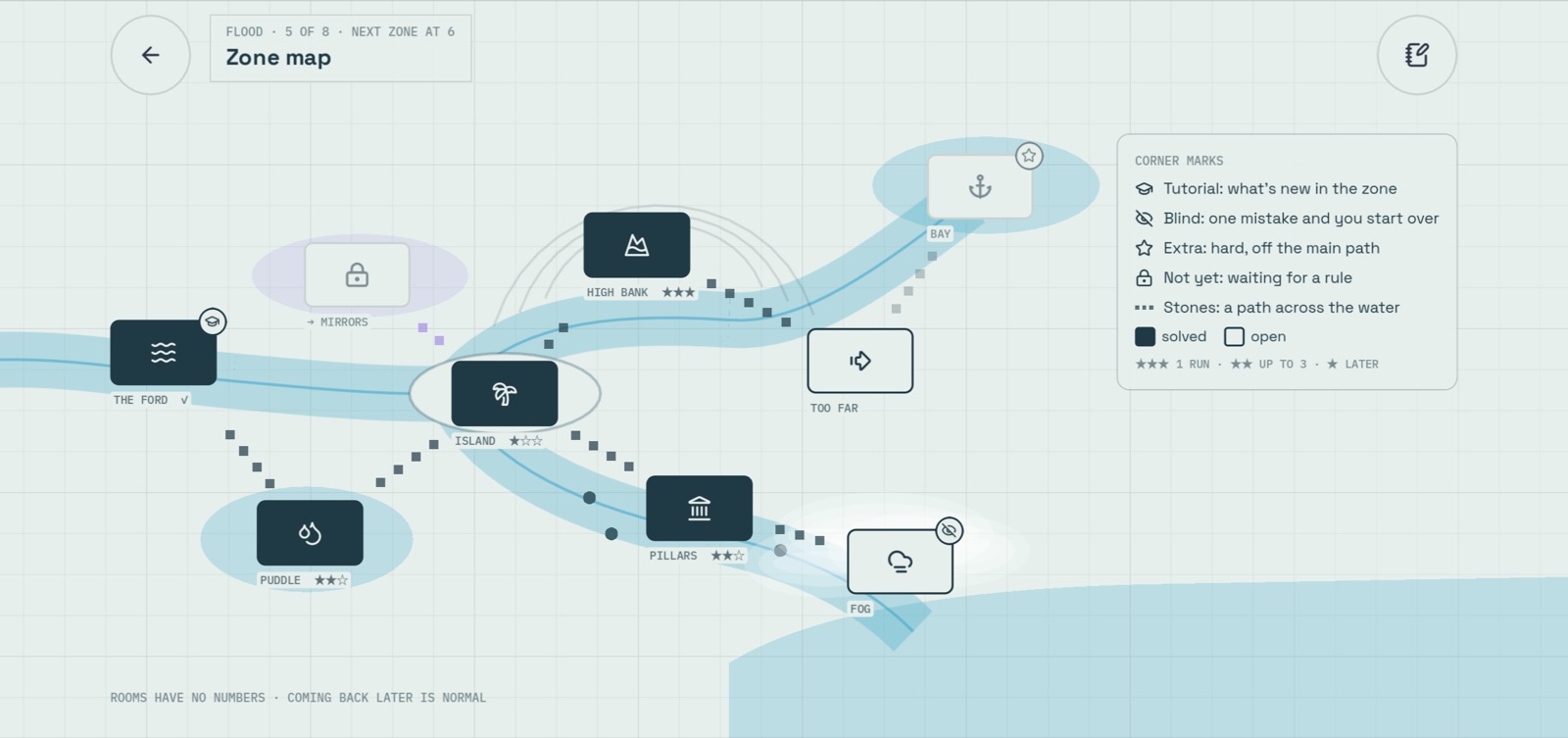 The Flood zone map, a river delta dotted with rooms