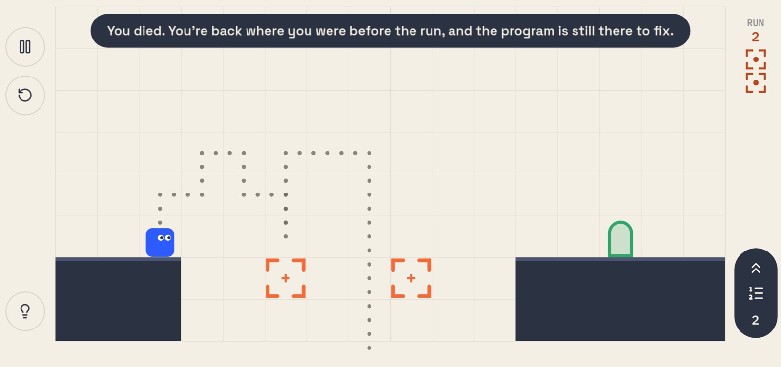 After a failed run, dots show where the character really jumped