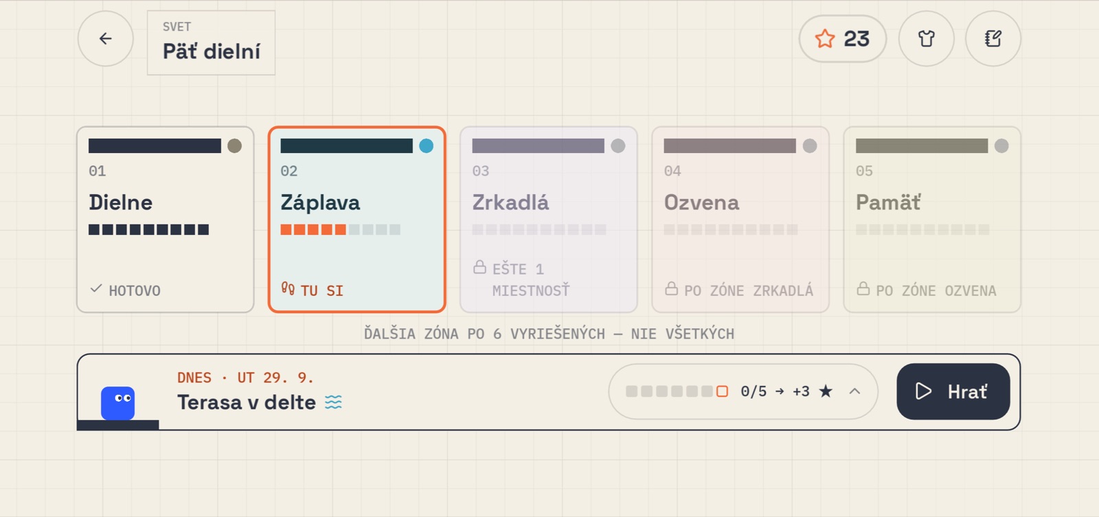 Obrazovka sveta so zónami a kartou dennej výzvy