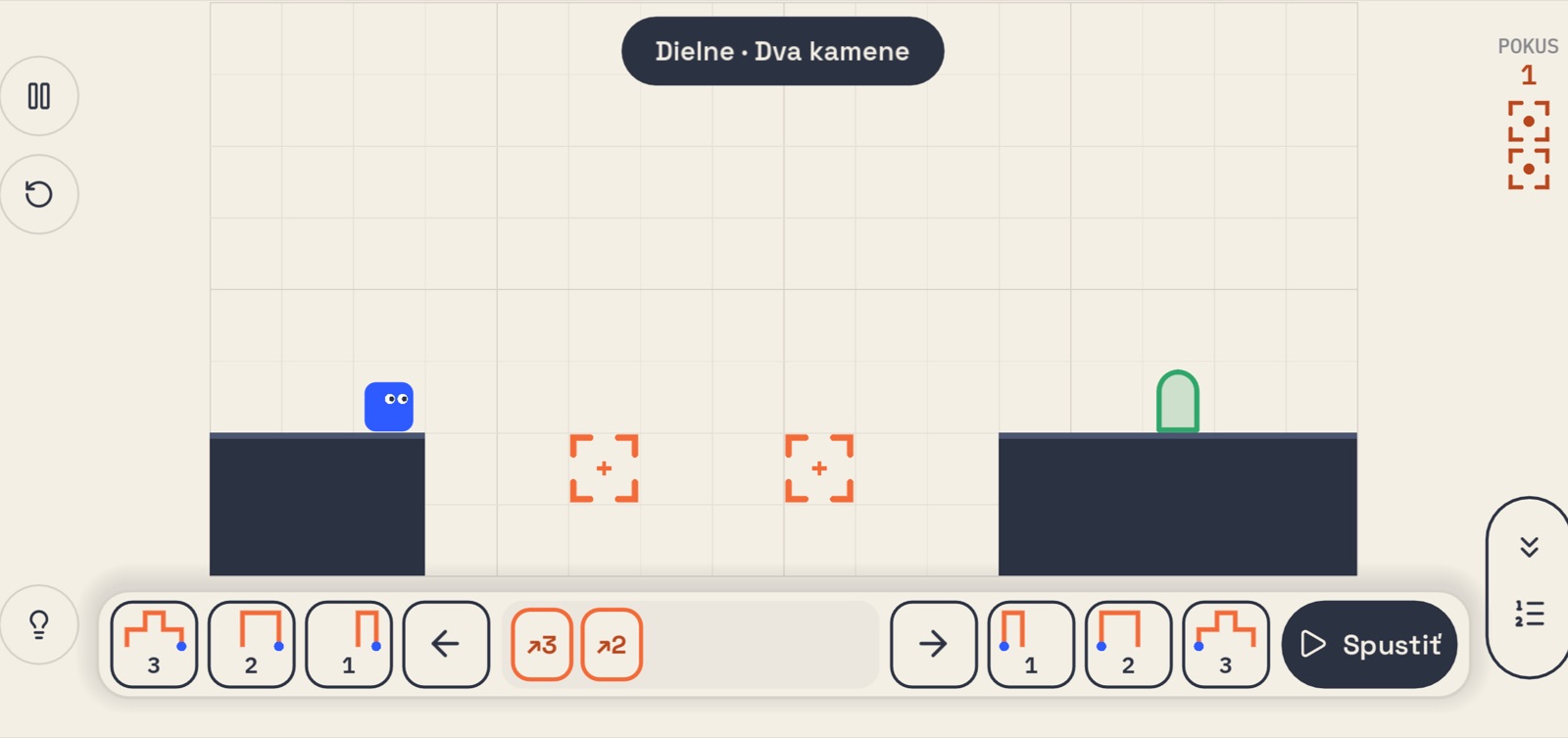 Miestnosť Dva kamene s dvoma tipmi nad jamou a zloženým programom skokov